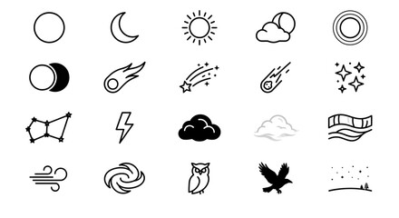 Obraz premium Minimalist Black and White Weather and Space Icon Set with Astronomy Symbols