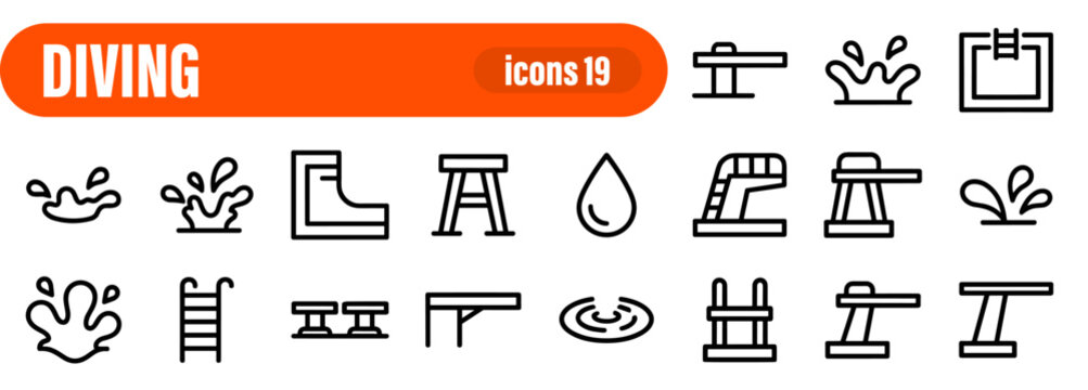 Diving and Swimming Pool Outline Icon Set