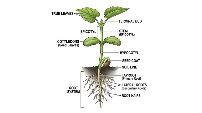 Diagram of a plant with labeled parts and root system education structure