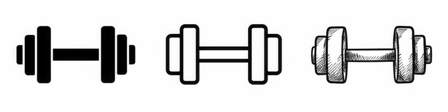 Gym dumbbell weight icon set, solid, outline, and sketch style
