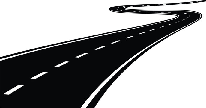 Black and white winding road illustration showing perspective and curves symbolizing travel, journey, and progress concept design