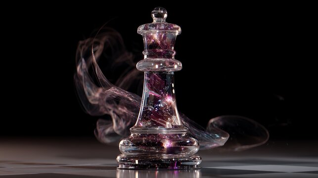 Transparent Glass Chess King with Rising Smoke, Strategic Leadership, Business Decision Making, Competitive Success and Power Concept on Dark Background