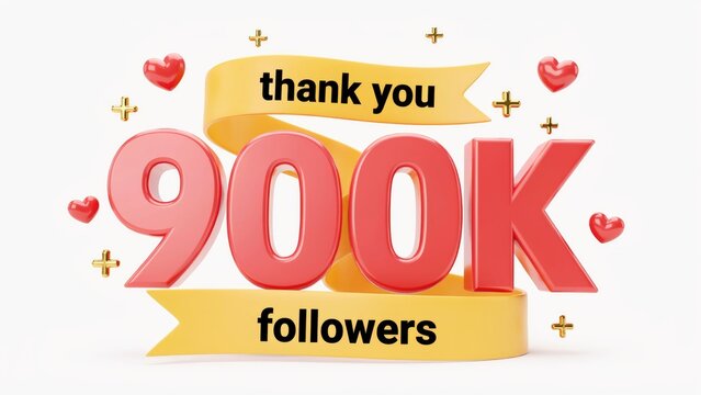 3 d celebrating 900 k followers with red numbers and yellow ribbons