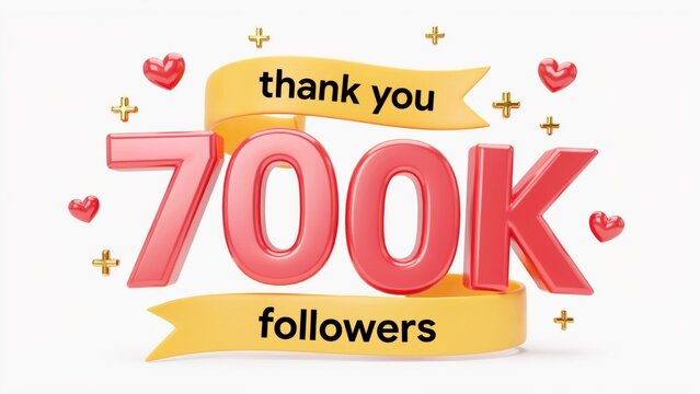 3 d thank you 700 k followers text with red hearts and gold ribbons