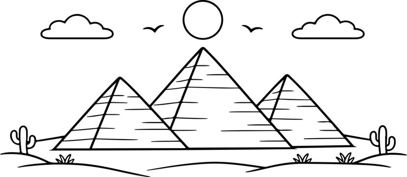 Pyramides de Gizeh, &Eacute;gypte, dessin au trait, illustration de style cartoon &agrave; colorier pour enfants