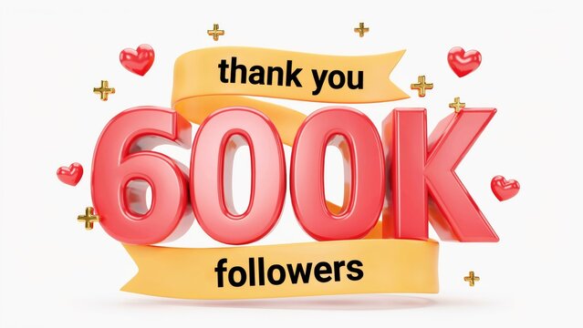 3 d red 600 k followers text with yellow ribbons and hearts