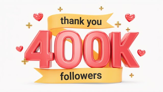 3 d red 400 k followers text with yellow ribbons and hearts