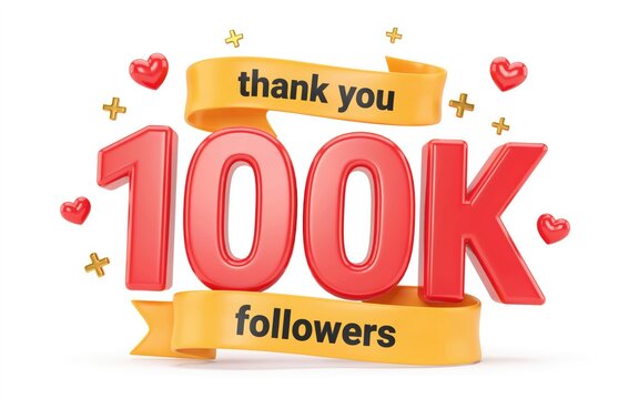 3 d red 100 k text with yellow thank you followers ribbons and hearts