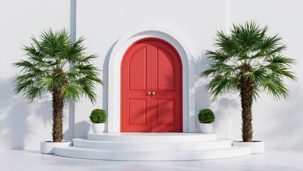 Fototapeta premium Red arched double door with potted palm trees on white steps