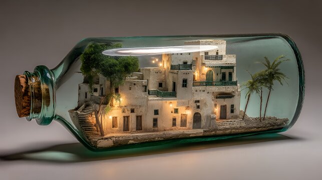 Traditional Arabian Gulf Heritage Mansion Inside Glass Bottle with Historic Mudbrick Architecture, Palm Trees, Desert Oasis and Middle Eastern Cultural Preservation Concept