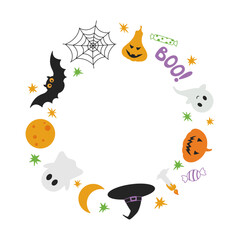 Fototapeta premium Halloween circle frame with cute doodle ghosts pumpkins and bat. Round spooky vector border with copy space on transparent background. Holiday wreath template for card or social media