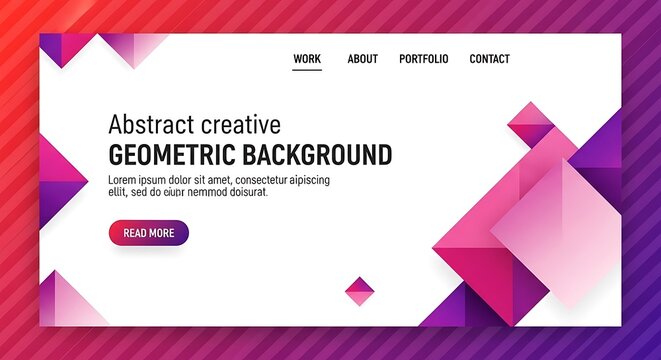 Website landing page, abstract geometric design with gradient, squares, triangles, and navigation