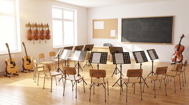Modern empty school music classroom interior with musical instruments chairs and music stands back to school concept