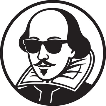 A black and white circular featuring a stylized of william shakespeare wearing dark sunglasses, presented as a flat symbol on a clean white background, for various uses