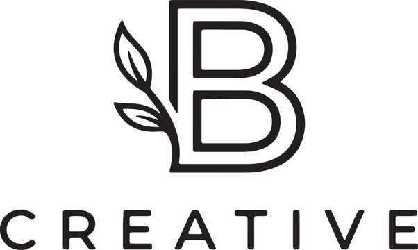 A minimalist featuring the letter b combined with a delicate leaf branch, rendered in clean black lines on a white background, branding or organic product labels