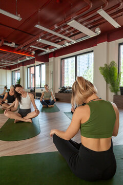 Group yoga class in modern urban studio with natural light