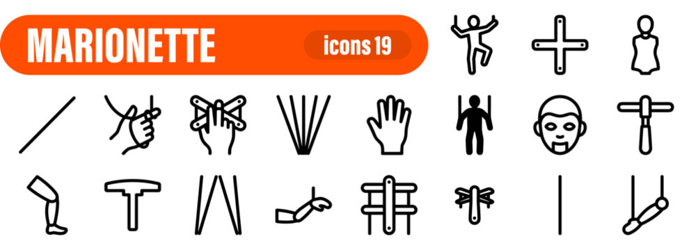 Collection of 19 linear icon symbols for marionettes and puppetry