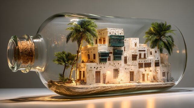 Traditional Arabian Gulf Heritage House Inside Glass Bottle, Historic Mudbrick Architecture with Palm Trees, Desert Oasis Village and Middle Eastern Cultural Preservation Concept
