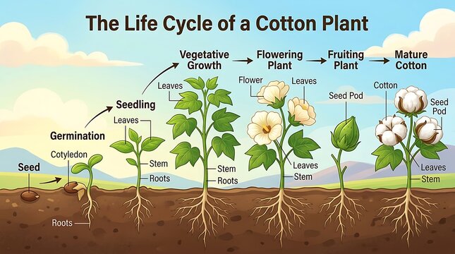 Life cycle of a cotton plant diagram with stages and growth process, seedling
