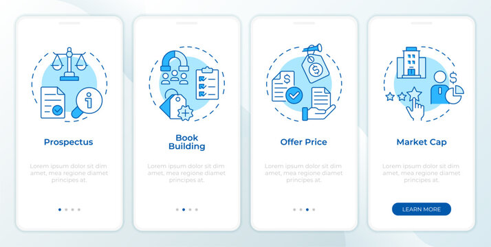 IPO key terms soft blue onboarding mobile app screen. Making business public process. Entering stock market. Walkthrough 4 steps editable graphic instructions with linear concepts. UI, UX, GU
