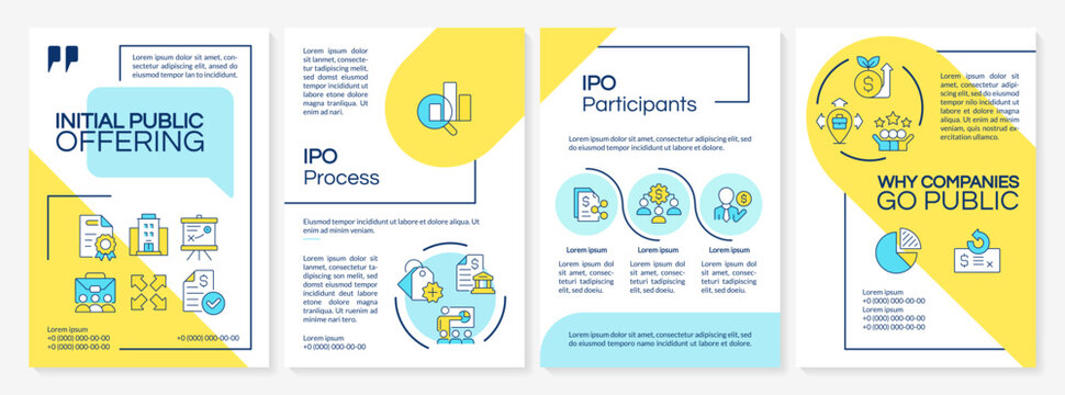 Initial public offering blue and yellow brochure layout. Changing business from private to public. Financial success of company. Leaflet advertising design with color line icons. Editable 4 pages