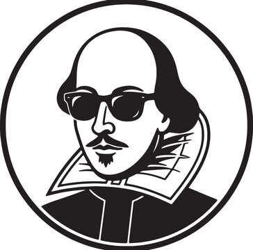 Stylized black and white portrait of william shakespeare wearing modern sunglasses, enclosed in a circle, isolated on a white background, for literature, history, and creative projects