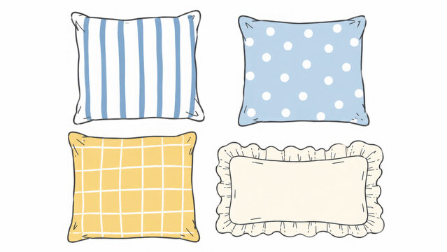 Hand drawn decorative pillow set with striped, dotted and plaid cushions