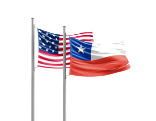 Obraz premium Chile and America friendship flags are waving on white background. Both flags are with Cutout Path. Chile USA national flag for comittment.