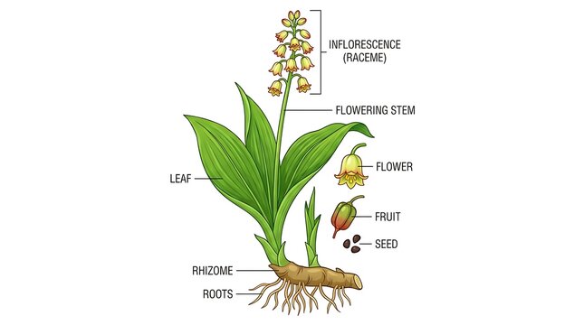Detailed botanical diagram of a flowering plant with labeled parts such