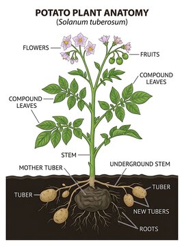 Anatomy of a potato plant with labeled parts including flowers leaves tubers