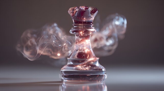 Transparent Glass Chess King with Glowing Energy Particles, Leadership, Strategic Thinking, Business Success, Decision Making and Victory Concept on Dark Background