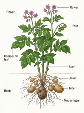 Diagram of a flowering plant with labeled parts including flower leaf stem