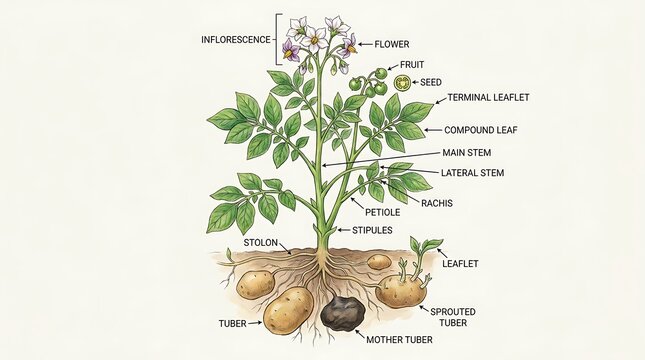 Diagram of a potato plant with labeled parts including flowers leaves, vegetable