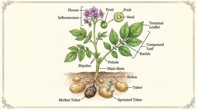 Illustration of a potato plant with labeled parts including flowers leaves