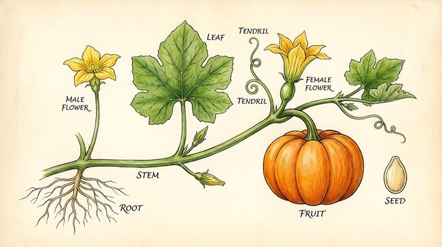 Botanical illustration of a pumpkin plant with leaves flowers fruit, botanical