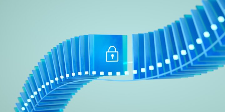Computer data center, database, data transfer. Online banking. Money, financial, computer protection concept. Blockchain, DeFi, Information security, cyber security. 3D render. Photo stock