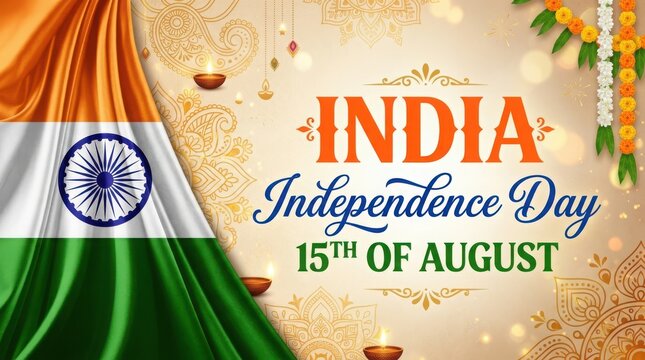 Elegant background for india independence day featuring waving national flag textile and traditional diya oil lamps glow.