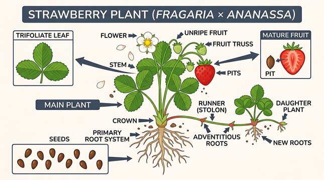 Strawberry plant diagram with fruit growth stages and root system, strawberry