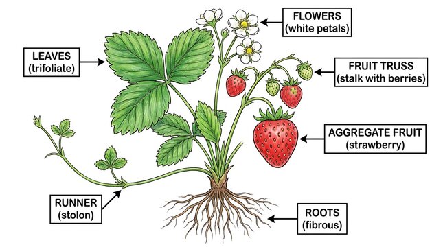 Diagram of a strawberry plant with labeled parts including leaves flowers fruit