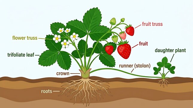 Illustration of a strawberry plant with labeled parts and growth stages