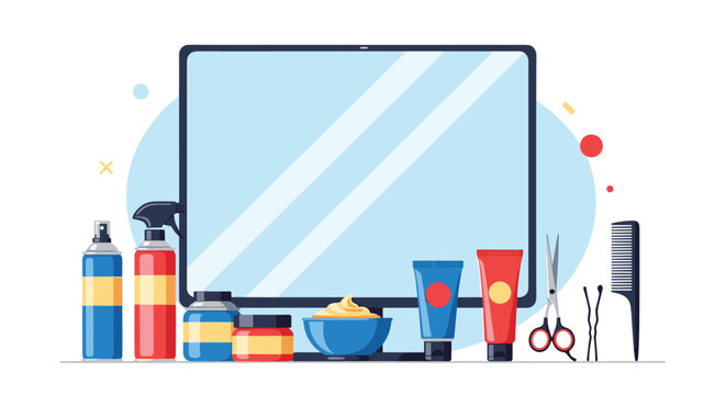 Desktop computer monitor surrounded by various professional hair and beauty care products like spray bottles tubes combs and sharp scissors.