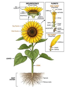 Botanical illustration of a sunflower with detailed labeled parts and growth
