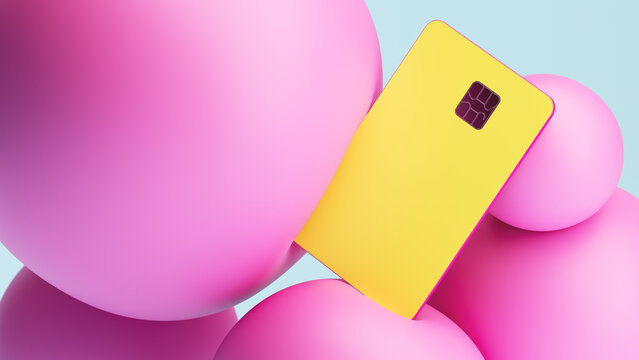 Yellow Credit Card with Pink Spheres on Pale Blue Background