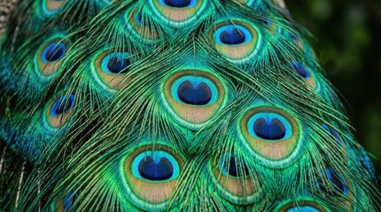 Fototapeta premium Close up of vibrant blue and green peacock feathers with eye patterns