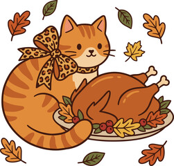 Cute Cat Celebrating Thanksgiving with Turkey and Autumn Leaves © Ristia
