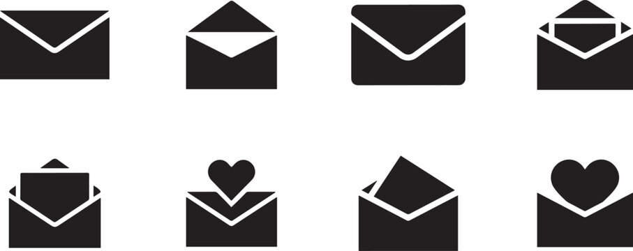 Minimalist black silhouette of a envelope open vector icon set. square type Bundle