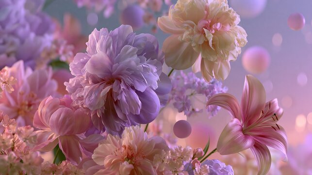 Soft pastel flowers with floating bubbles dreamy spring background