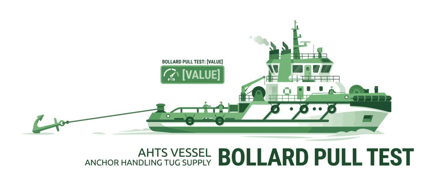Anchor Handling Tug Supply Vessel Performing Bollard Pull Test, Maritime Industry Illustration