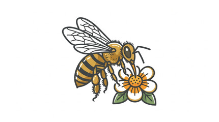 Detailed illustration of a honey bee collecting nectar from a small flower. © MndlL