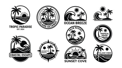 Black silhouettes of various tropical island and beach logos and icons on white background © Fabuji